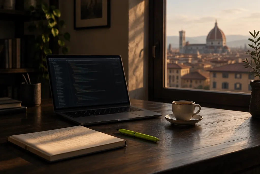 Scrivania di lavoro con computer e taccuino, alla finestra i tetti di Firenze